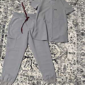 Figs womens Gray Zamora Joggers with Burgundy Drawstring and one pocket top